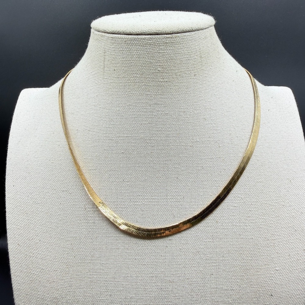 Gold Tone Herringbone Necklace Flat Snake Chain Lobster Clasp Classic Jewelry